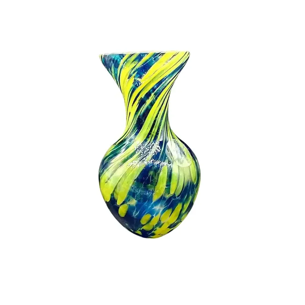 Czech Crystal Vase 5” Royal Limited Mouth Blown Confetti Swirl Blue Yellow